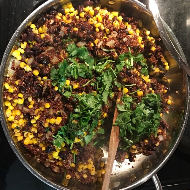 30 minute meal #1 Quinoa with black beans and corn with a side of kale